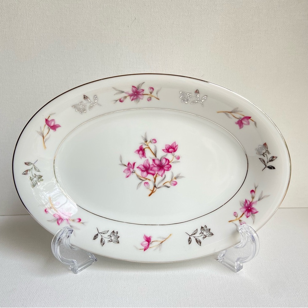 Kyoto Japan oval serving dish Georgia pattern fine china pink floral platinum